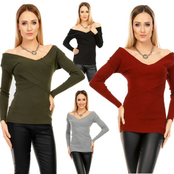 Maglione donna pull scollatura a v ampia incrociato manica lunga