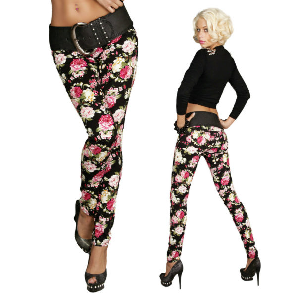 Pantalone jeans nero donna floreale denim di cotone skinny elasticizzato