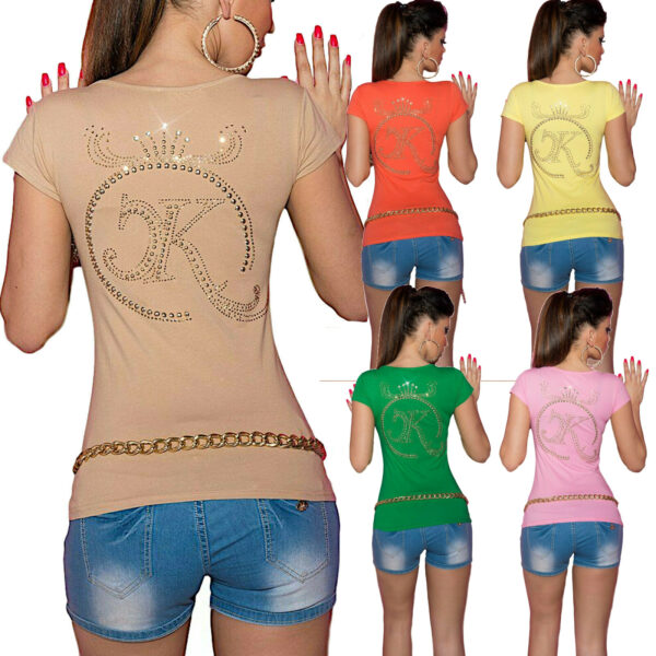 T-shirt maglietta donna logo strass borchie schiena teschio manica corta
