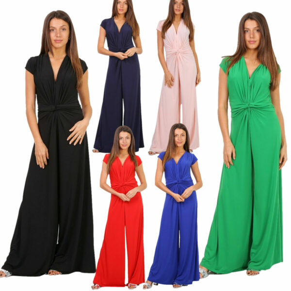 Tuta intera donna tutina jumpsuit incrocio palazzo gamba larga manica corta