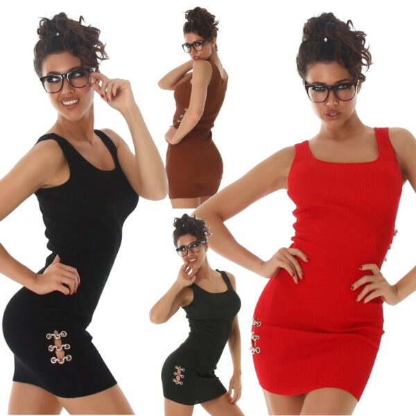 Abito corto vestito mini dress in maglia donna cut out catena smanicato