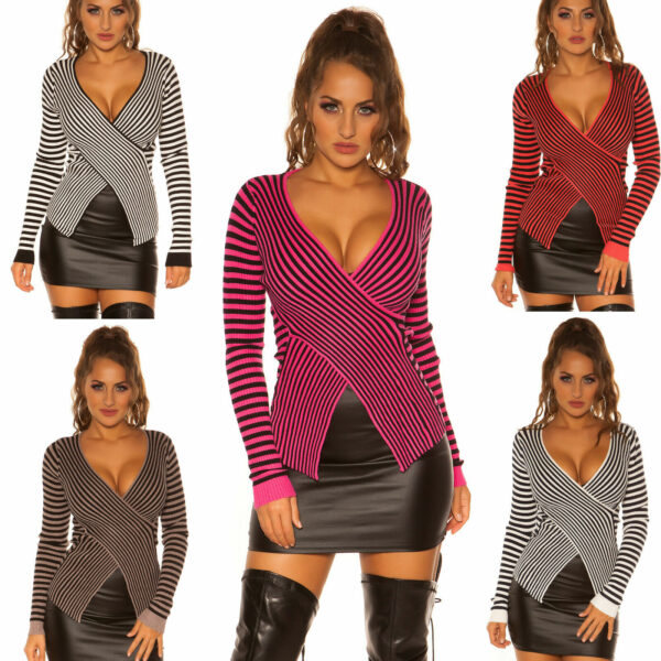 Maglia donna sweater incrociata righe asimmetriche manica lunga scollo v