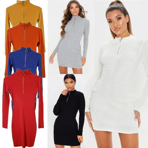Abito maglia donna elasticizzato turtleneck camino zip vestito corto