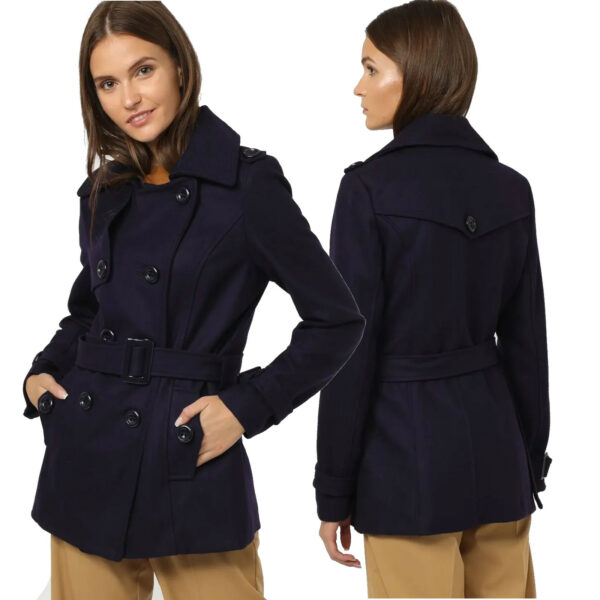 Cappotto corto donna modello trench con cintura e tasche misto lana