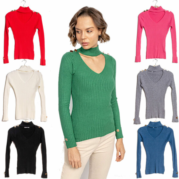 Maglione donna con scollo cut out collo coreano bottoni dorati spalle