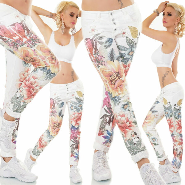 Pantalone donna stampato bianco floreale fiori cotone