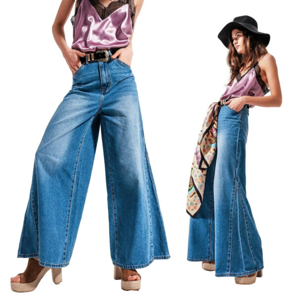 Jeans donna a gamba larga svasato palazzo in blu lavaggio medio