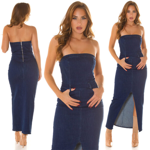 Abito lungo donna in denim blu jeans spacco fascia passanti