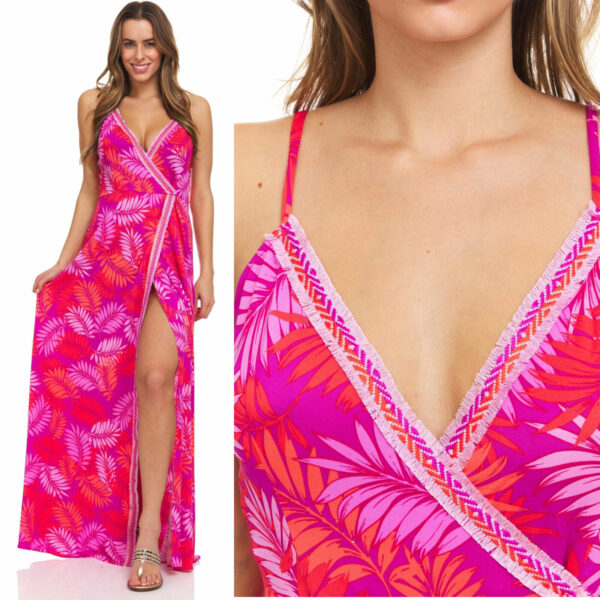 Abito lungo donna vestito tropicale fucsia fascia etnica con spacco spalline