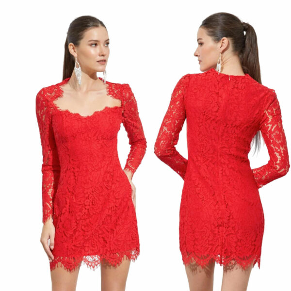 Abito corto vestito rosso donna in pizzo elegante sera scollo squadrato