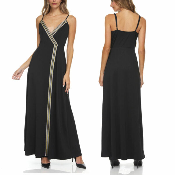 Abito lungo donna vestito nero con spacco profilo in lurex spalline