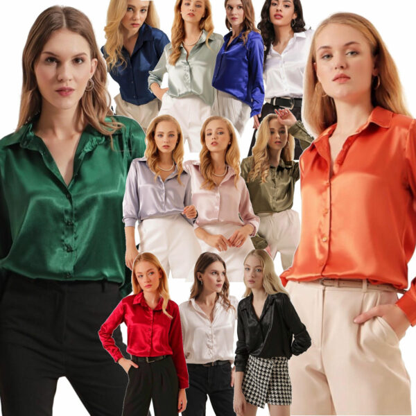 Camicia donna basic effetto raso tessuto lucido bottoni manica lunga