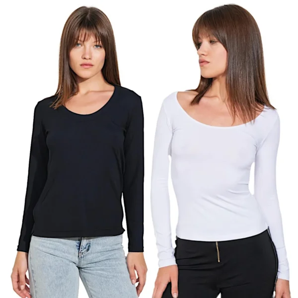 Maglietta donna basic con scollo ampio rotondo manica lunga elasticizzata