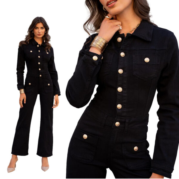 Tuta in denim push up donna a gamba larga con tasche ,bottoni manica lunga