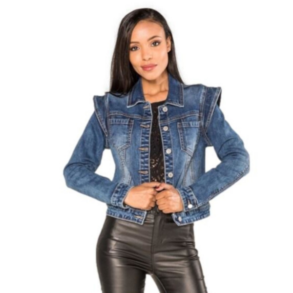 Giacca giubbino jeans in denim donna con dettaglio spalle